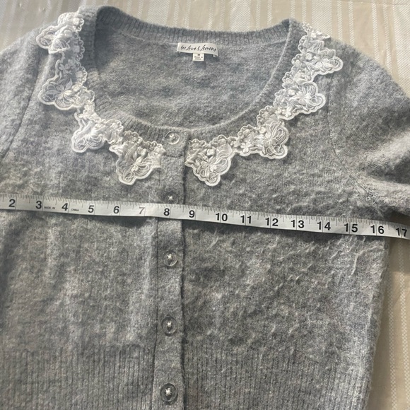 For Love And Lemons Arinah Gray Cardigan with White scalloped Lace Trim - Picture 7 of 10